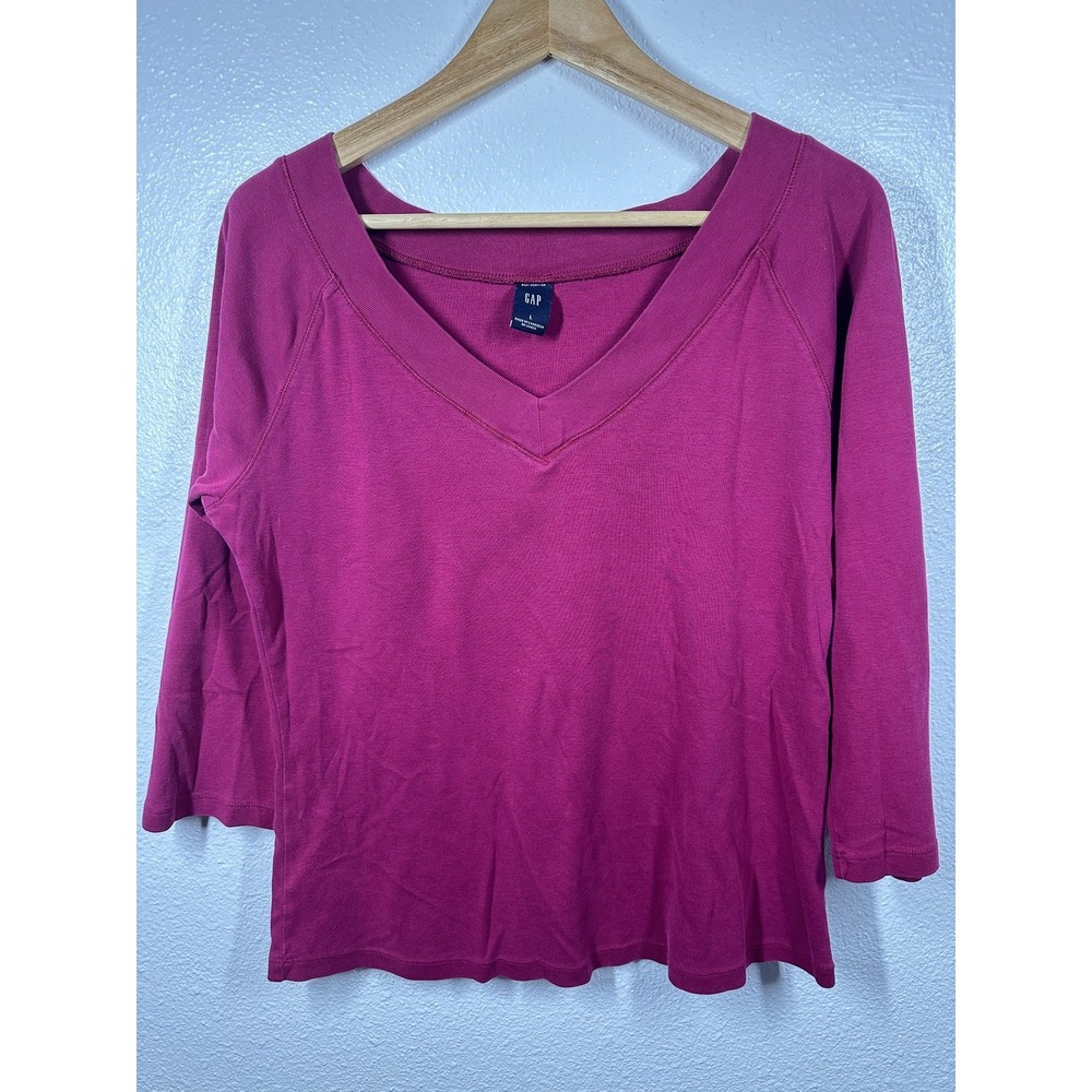 GAP Shirt Womens Large Pink V Neck 3/4 Sleeve Stretch Casual Pullover Top - Picture 1 of 7